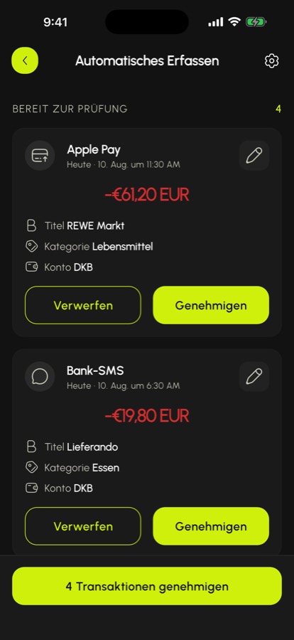 Aus Apple Pay und Bank-SMS erkannte Buchungen