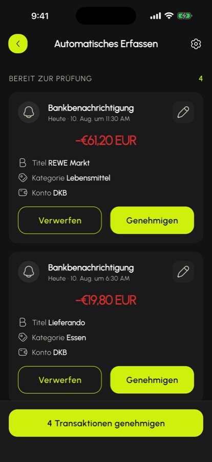 Posteingang mit aus Bankbenachrichtigungen erkannten Buchungen, bereit zur Freigabe
