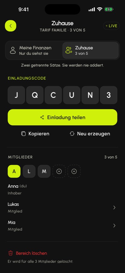 Gemeinsamer Bereich in SpendlyAI mit Einladungscode und Mitgliedern
