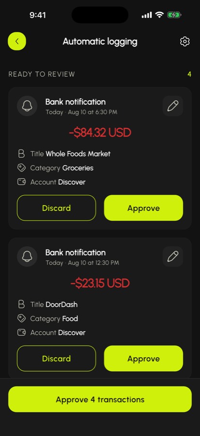 Inbox of transactions detected from bank notifications, ready to approve