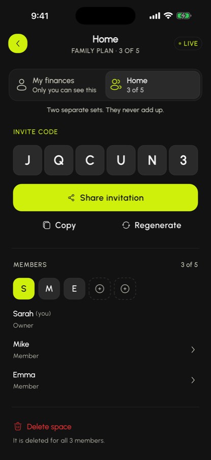 SpendlyAI shared space showing the invite code and plan members