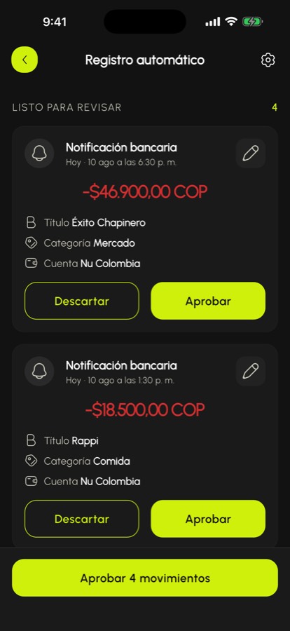 Bandeja de movimientos detectados desde notificaciones bancarias, listos para aprobar