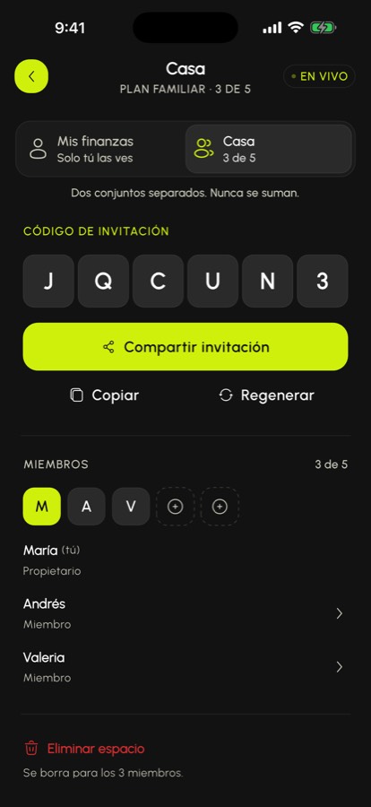 Espacio compartido de SpendlyAI con el código de invitación y los miembros del plan