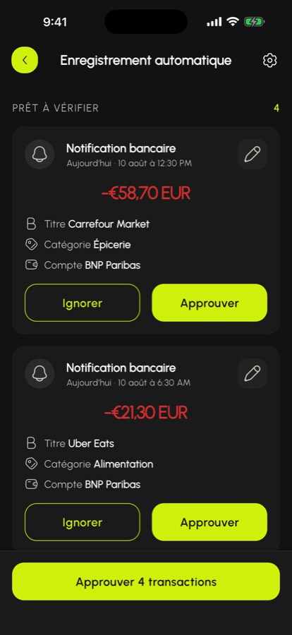 Boîte de réception des opérations détectées depuis les notifications bancaires, prêtes à valider
