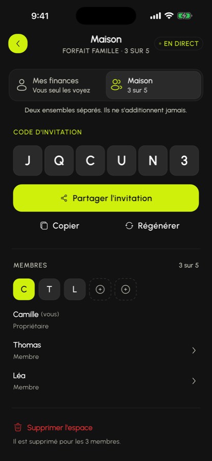 Espace partagé SpendlyAI avec le code d'invitation et les membres du plan