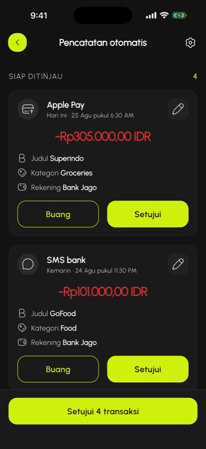 Transaksi yang terdeteksi dari Apple Pay dan SMS bank