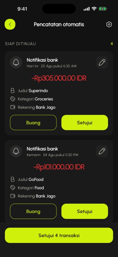 Kotak masuk transaksi yang terdeteksi dari notifikasi bank, siap disetujui