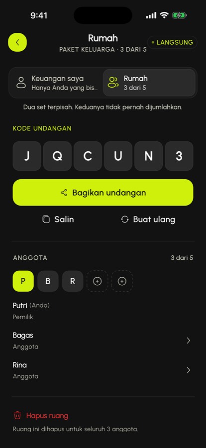 Ruang bersama SpendlyAI menampilkan kode undangan dan anggota paketnya