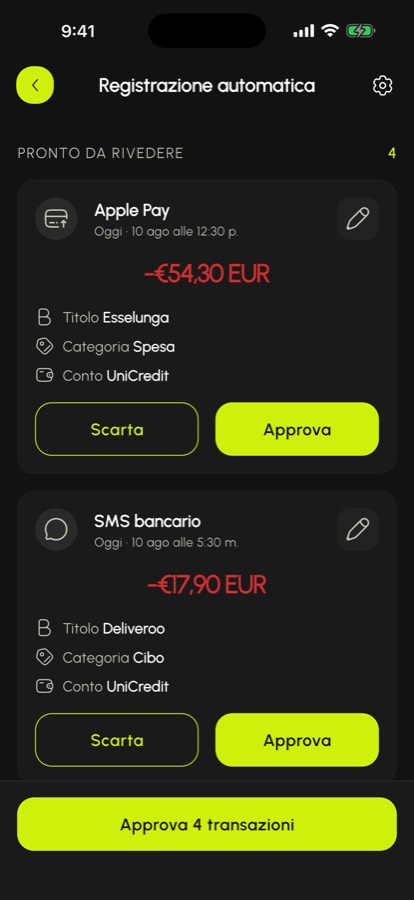 Movimenti rilevati da Apple Pay e dagli SMS della banca