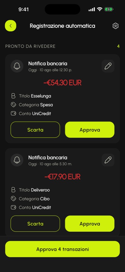 Casella dei movimenti rilevati dalle notifiche bancarie, pronti per l'approvazione