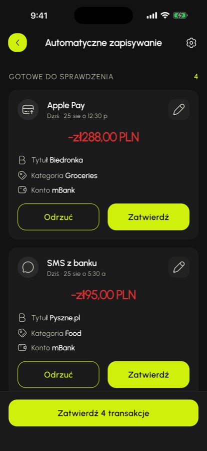 Transakcje wykryte z Apple Pay i SMS-ów bankowych