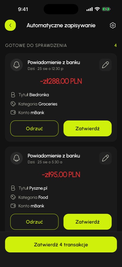 Skrzynka transakcji wykrytych z powiadomień bankowych, gotowych do zatwierdzenia