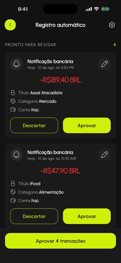 Caixa de entrada de movimentos detectados pelas notificações do banco, prontos para aprovar