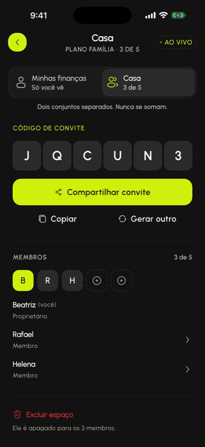 Espaço compartilhado do SpendlyAI com código de convite e membros do plano
