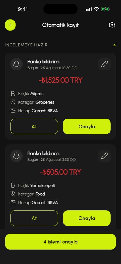 Banka bildirimlerinden yakalanan, onaya hazır işlemlerin gelen kutusu
