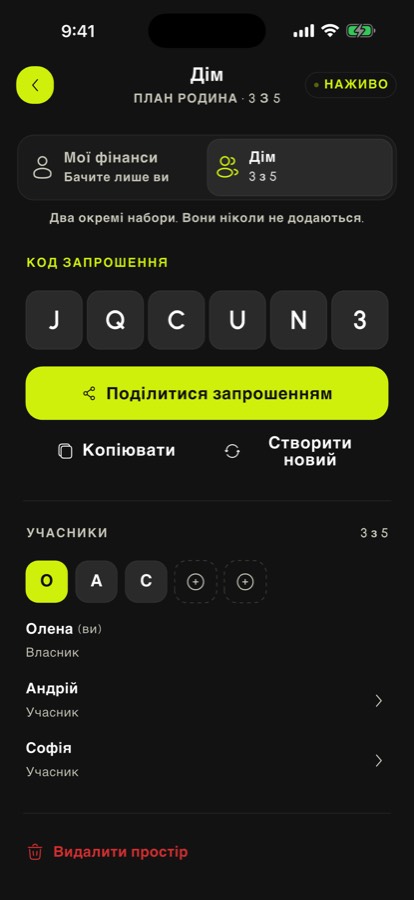 Спільний простір SpendlyAI з кодом запрошення та учасниками плану