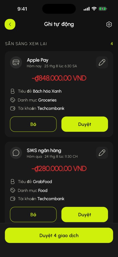 Các giao dịch nhận được từ Apple Pay và SMS ngân hàng