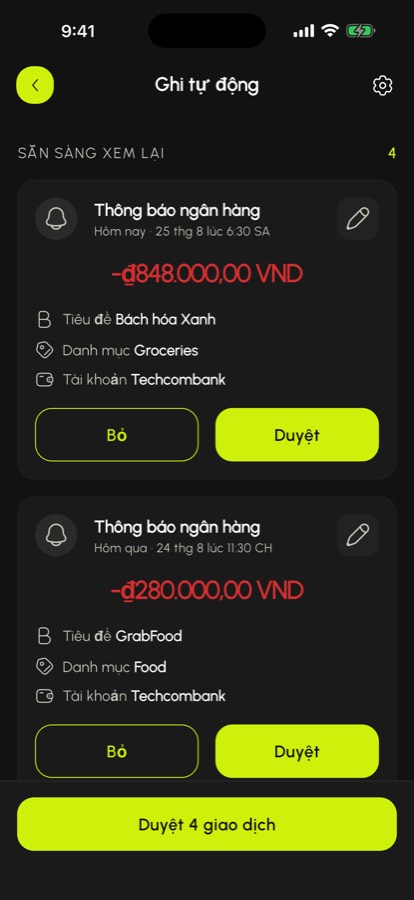 Hộp chờ các giao dịch nhận được từ thông báo ngân hàng, sẵn sàng để duyệt